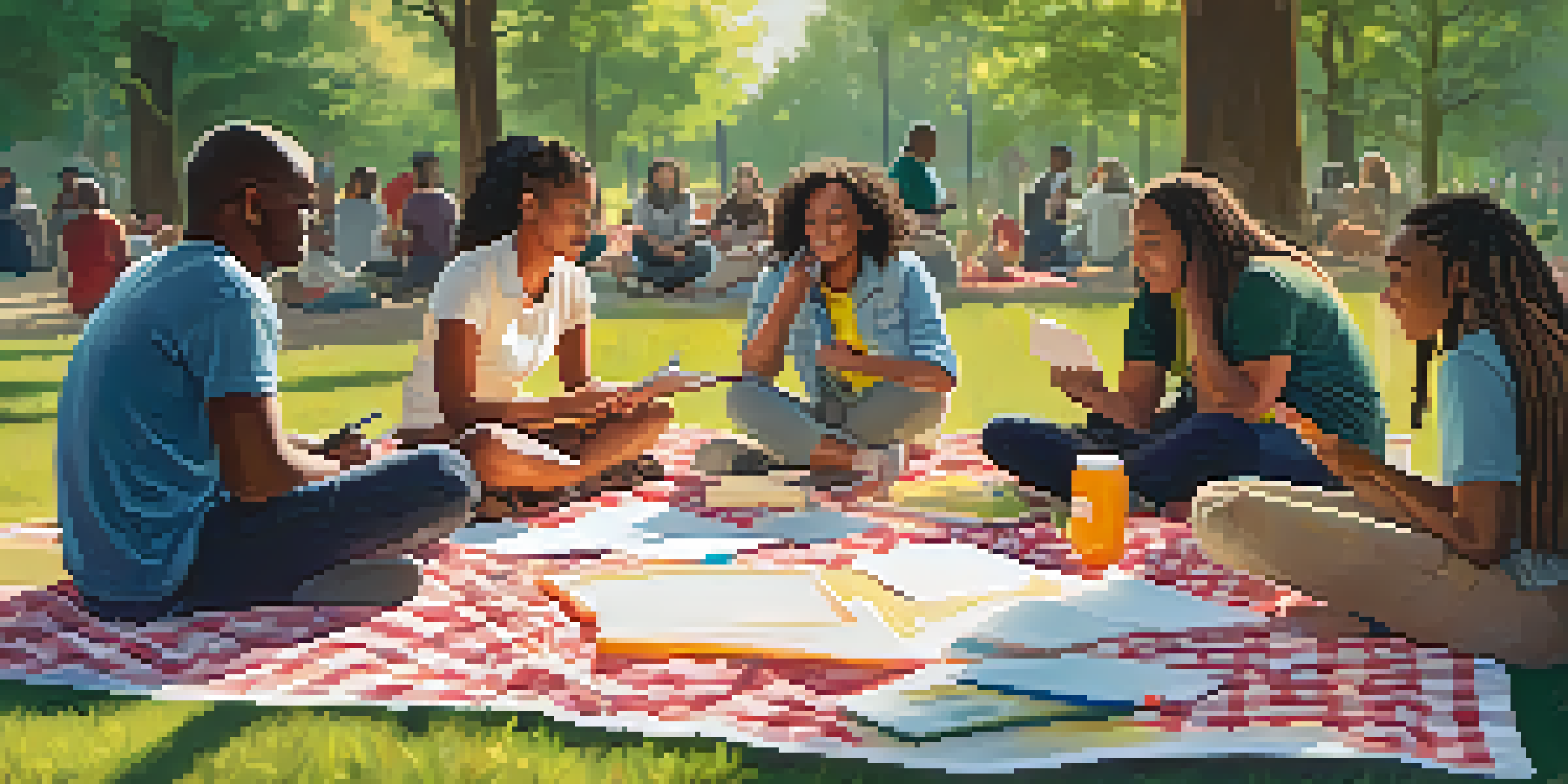 A diverse group of people participating in a Mental Health First Aid workshop in a sunlit park, sitting in a circle with a facilitator.