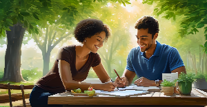A health coach and a client enjoying a goal-setting session outdoors, with a picnic table surrounded by greenery and sunlight.