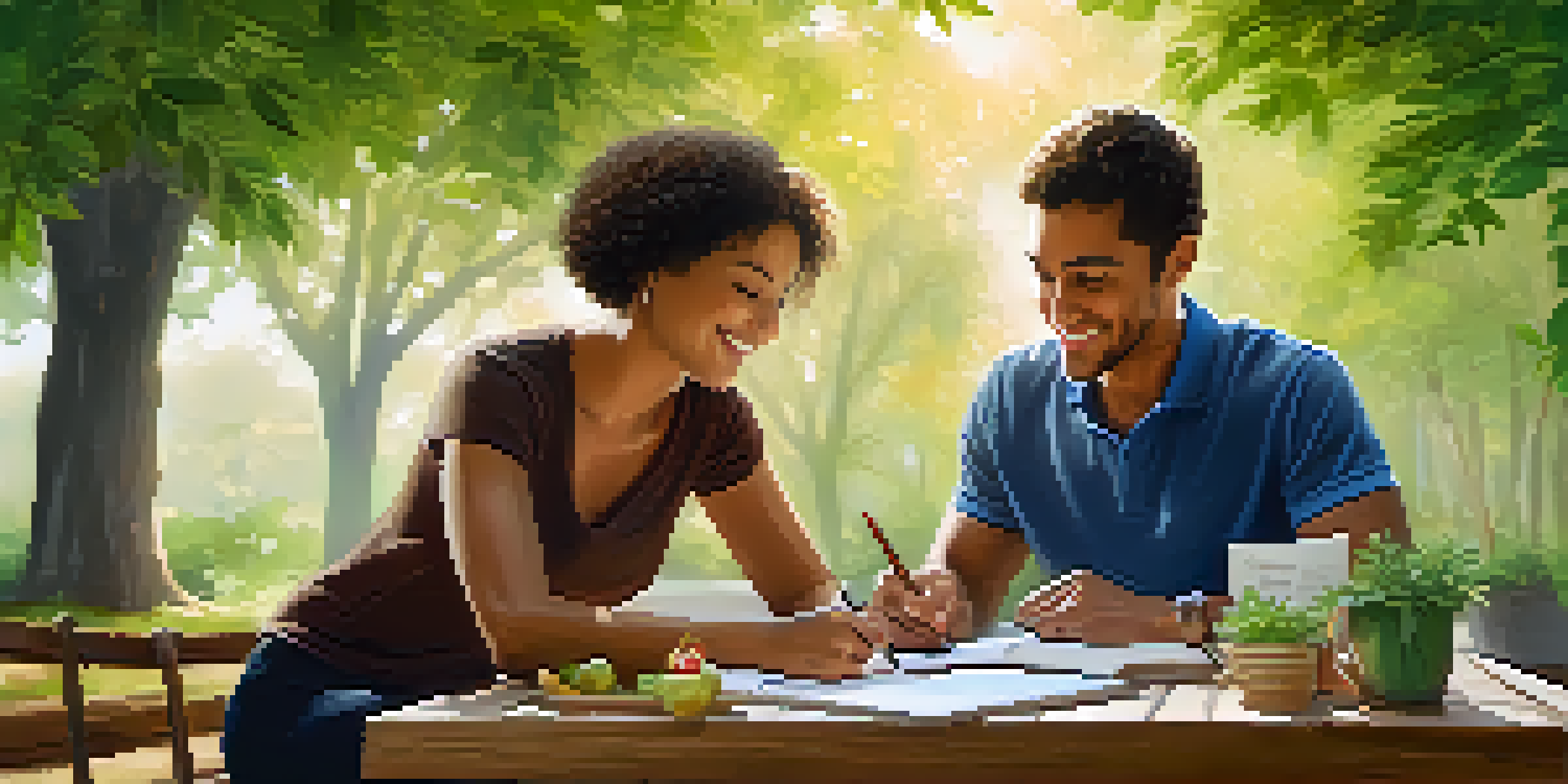 A health coach and a client enjoying a goal-setting session outdoors, with a picnic table surrounded by greenery and sunlight.