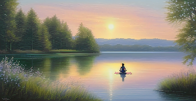A peaceful morning landscape with a person practicing yoga by a tranquil lake, surrounded by greenery and a soft pastel sky.