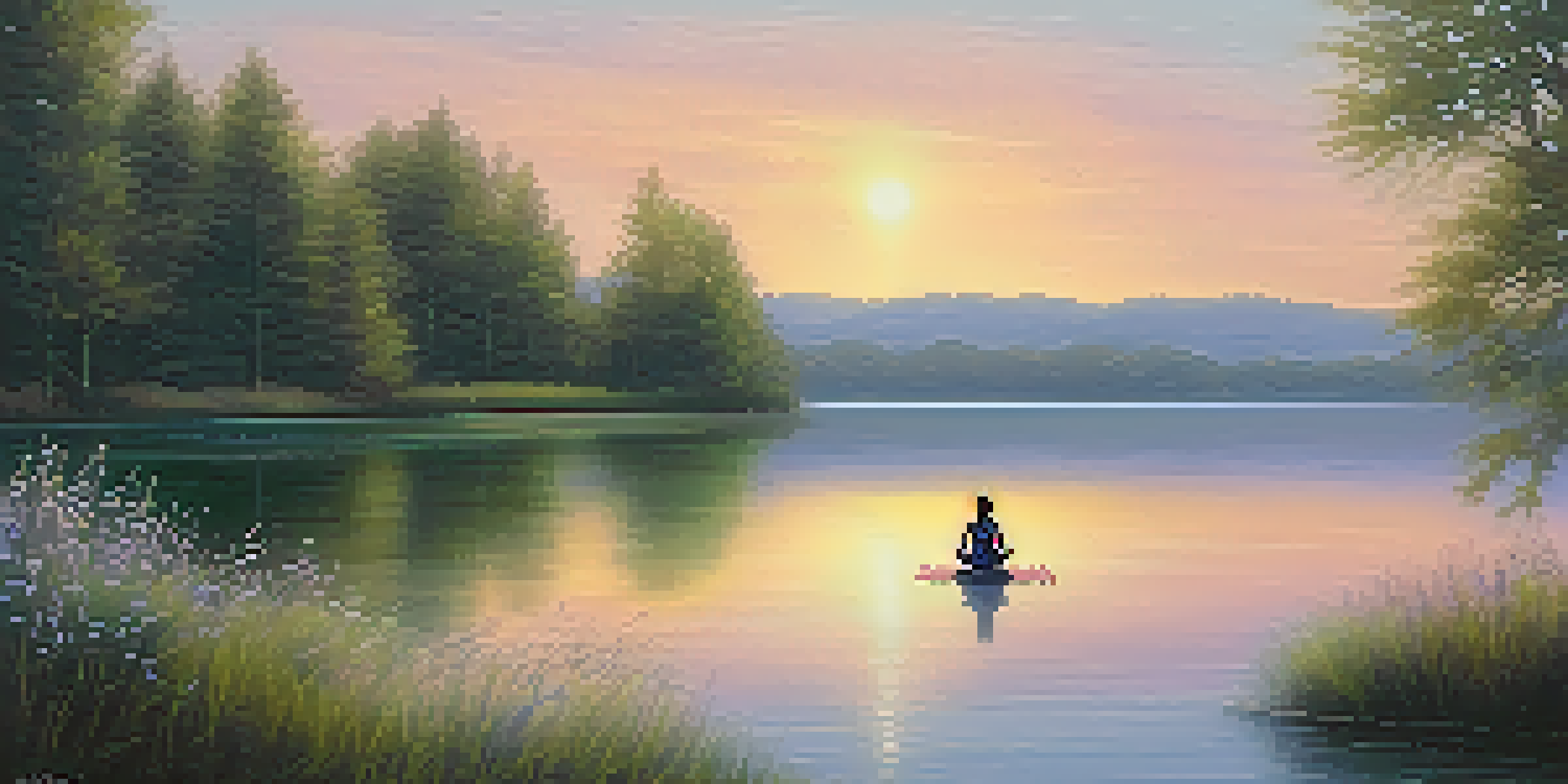 A peaceful morning landscape with a person practicing yoga by a tranquil lake, surrounded by greenery and a soft pastel sky.
