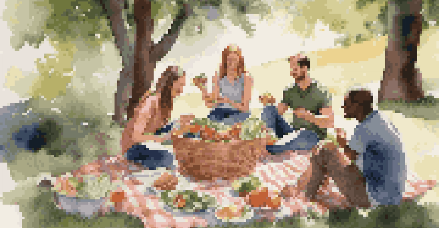 A joyful picnic scene with friends sharing a healthy meal, surrounded by nature, highlighting the social aspect of mindful eating.