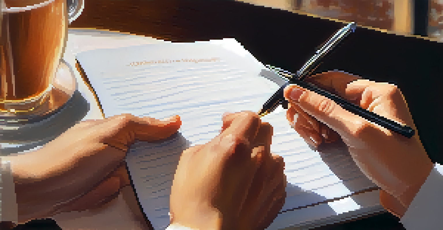 A close-up of hands in a conversation, one holding a notepad, in a cozy café environment.