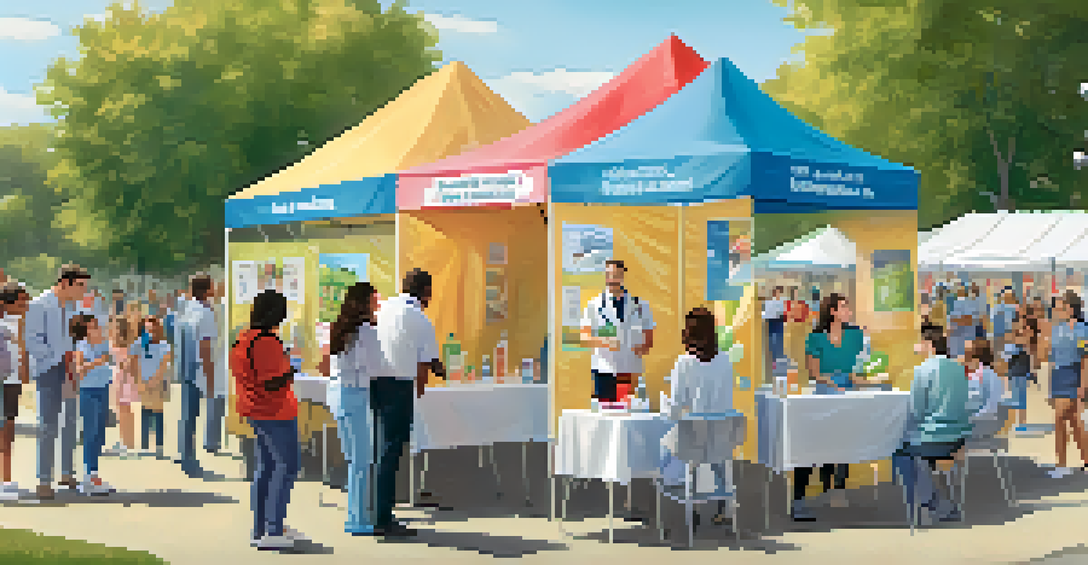 A school health fair with families visiting a vaccination booth and healthcare professionals providing information, decorated with balloons and banners.