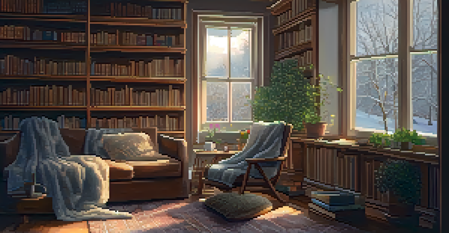 A warm indoor scene with a person in a blanket enjoying tea by a window with snow falling outside.