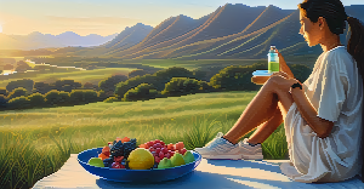 A person seated on a grassy hilltop at sunrise, practicing intermittent fasting with a water bottle and fruits nearby.