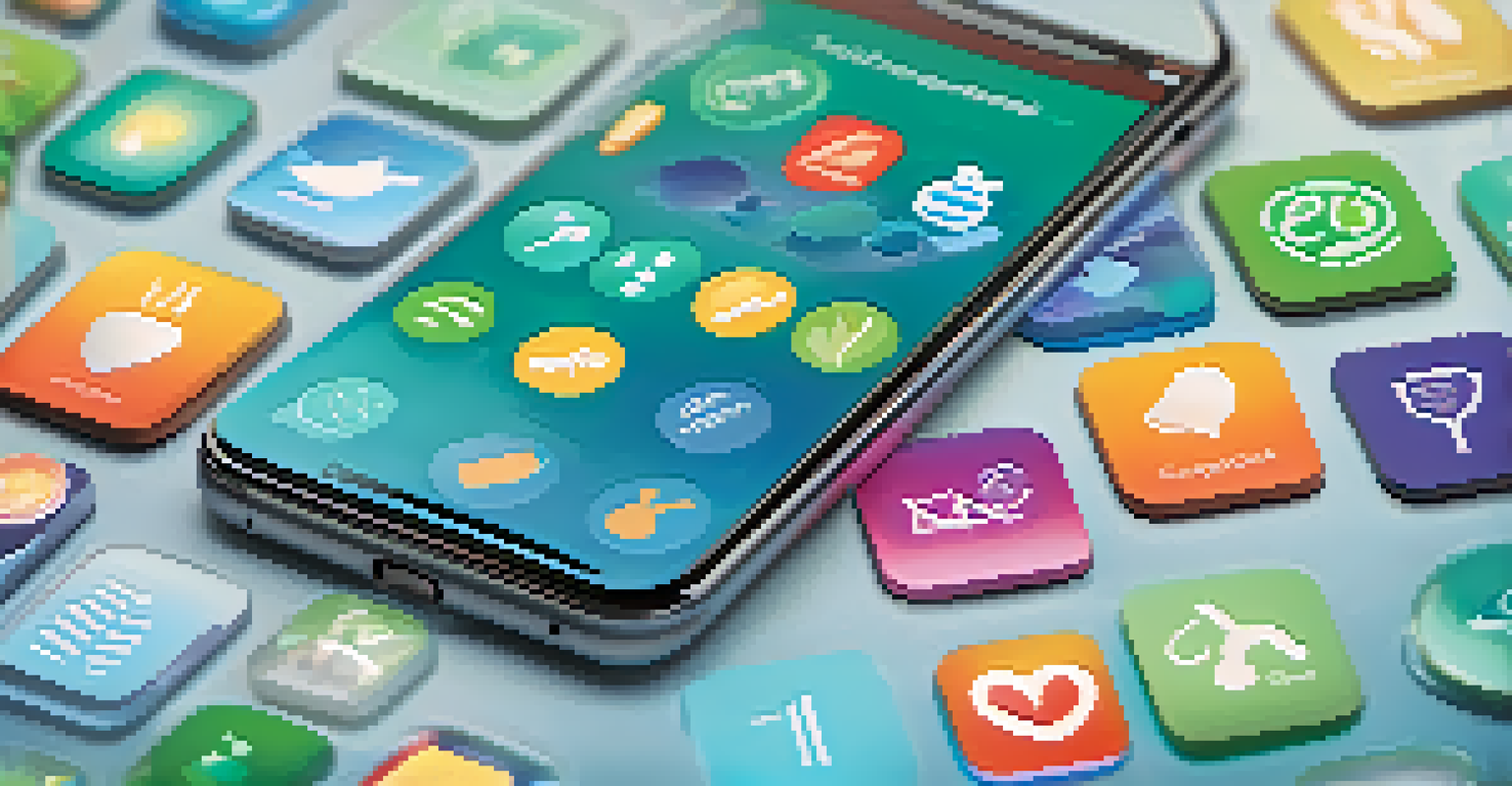 A smartphone displaying various health and wellness app icons on a colorful background.