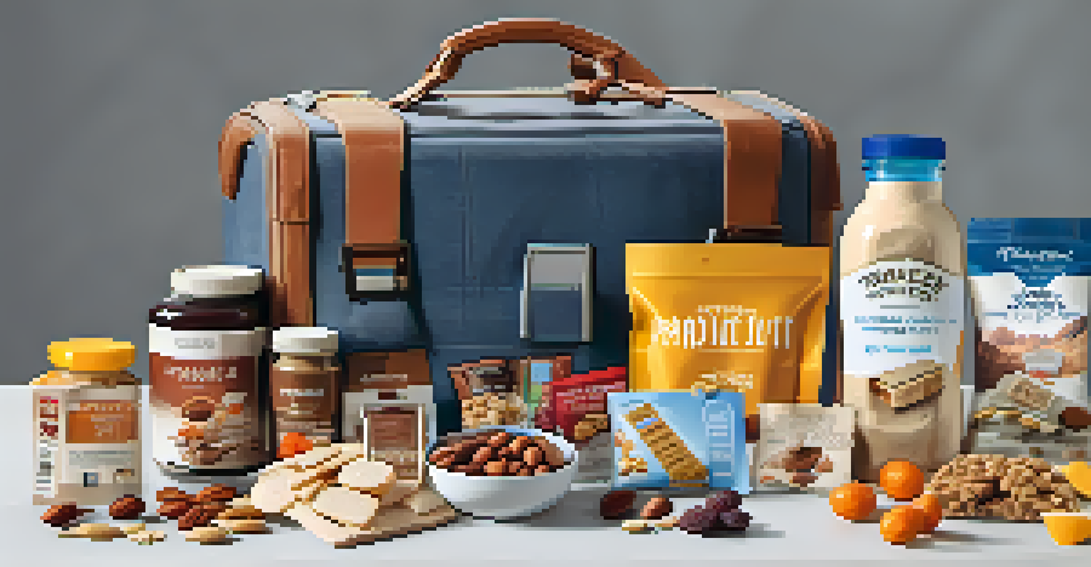 A travel snack pack with protein bars, dried fruits, and nut butter, placed next to a suitcase and travel items.