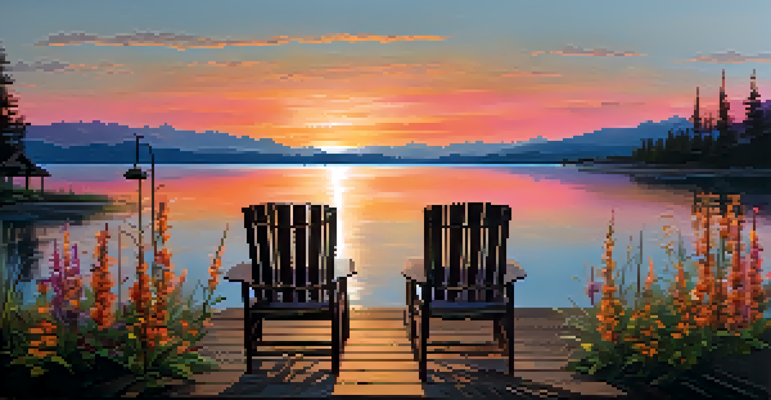 A beautiful lakeside view during sunset with a dock and flowers in the foreground.