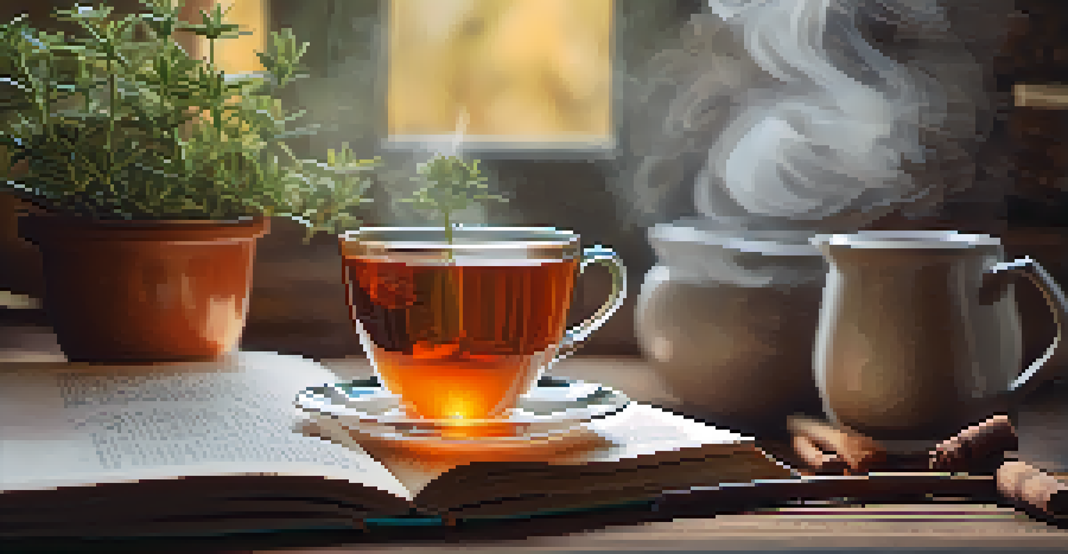 A close-up of a cozy cup of herbal tea on a wooden table, with steam rising and calming elements like a plant and a journal around it.