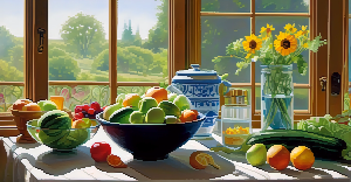 A bright kitchen table filled with fresh fruits and vegetables, a salad bowl, and a glass of water, illuminated by sunlight.