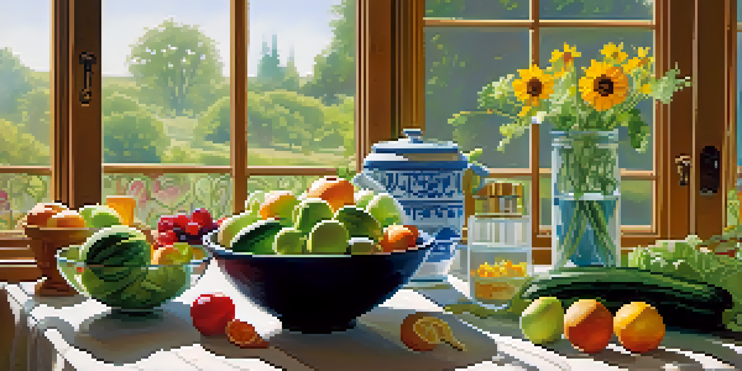 A bright kitchen table filled with fresh fruits and vegetables, a salad bowl, and a glass of water, illuminated by sunlight.