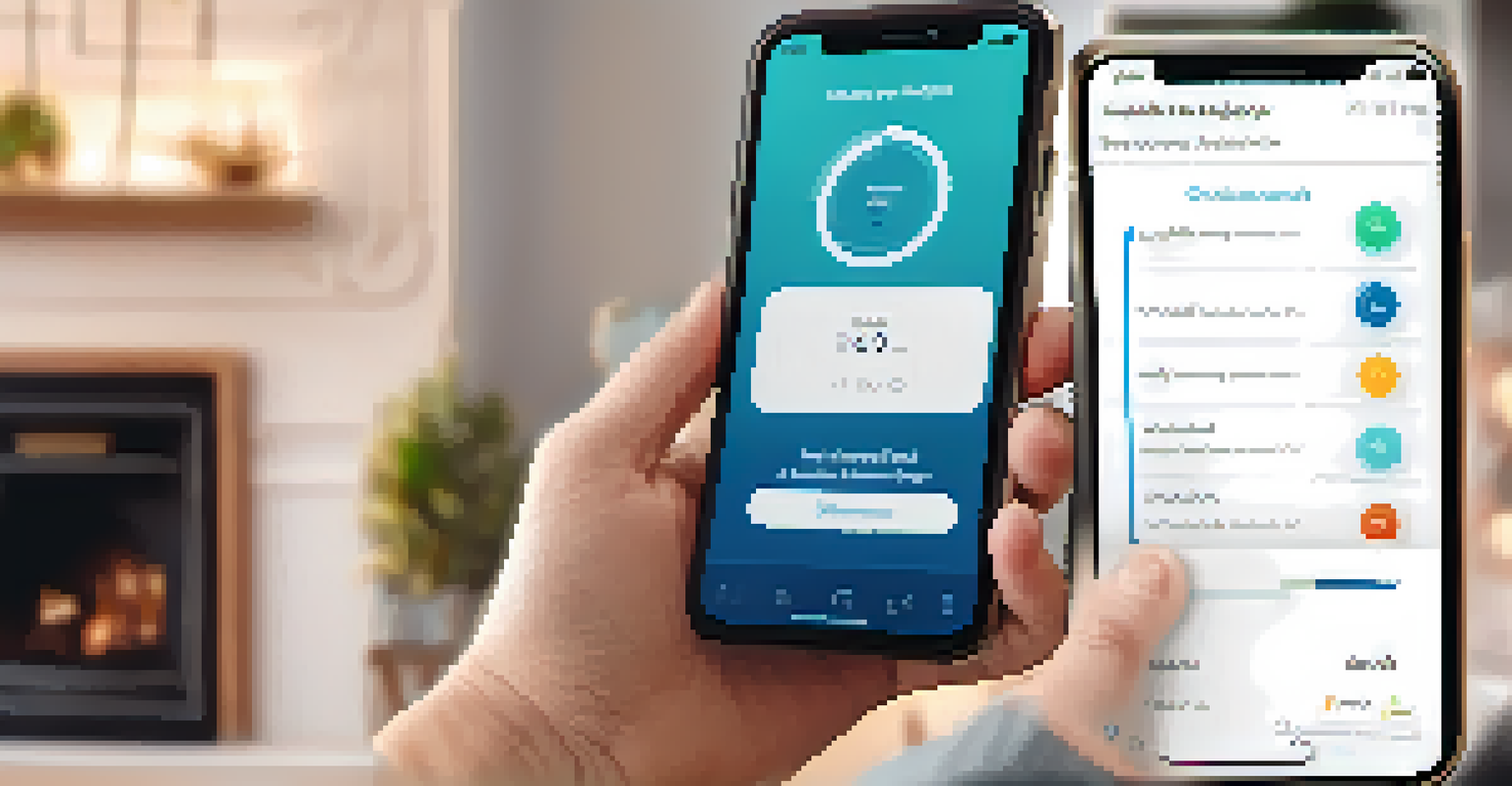 Close-up of hands holding a smartphone displaying a health management app for chronic diseases, in a cozy living room setting.