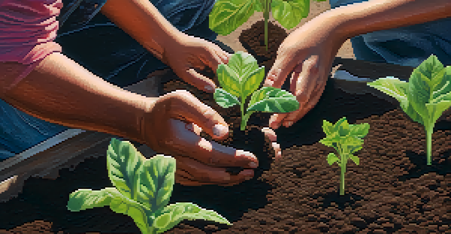 Close-up of hands planting seeds in dark soil in a community garden, with sunlight creating a warm atmosphere.