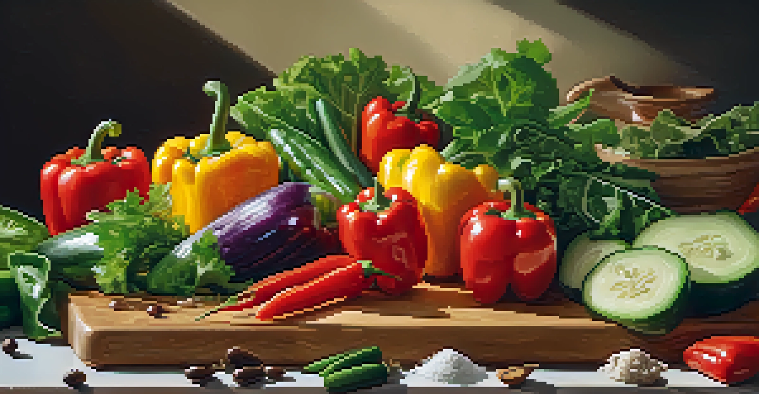 A close-up of fresh vegetables and olive oil on a wooden cutting board, showcasing vibrant colors and textures.