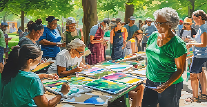 A diverse group of people engaged in a community art workshop outdoors, surrounded by greenery and sunlight.