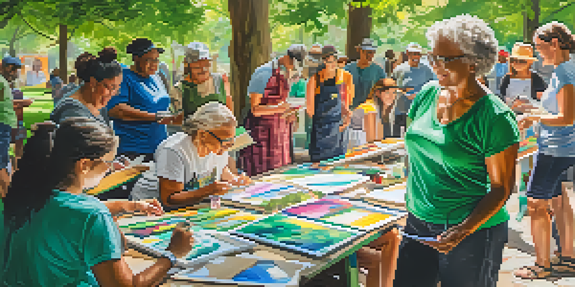 A diverse group of people engaged in a community art workshop outdoors, surrounded by greenery and sunlight.