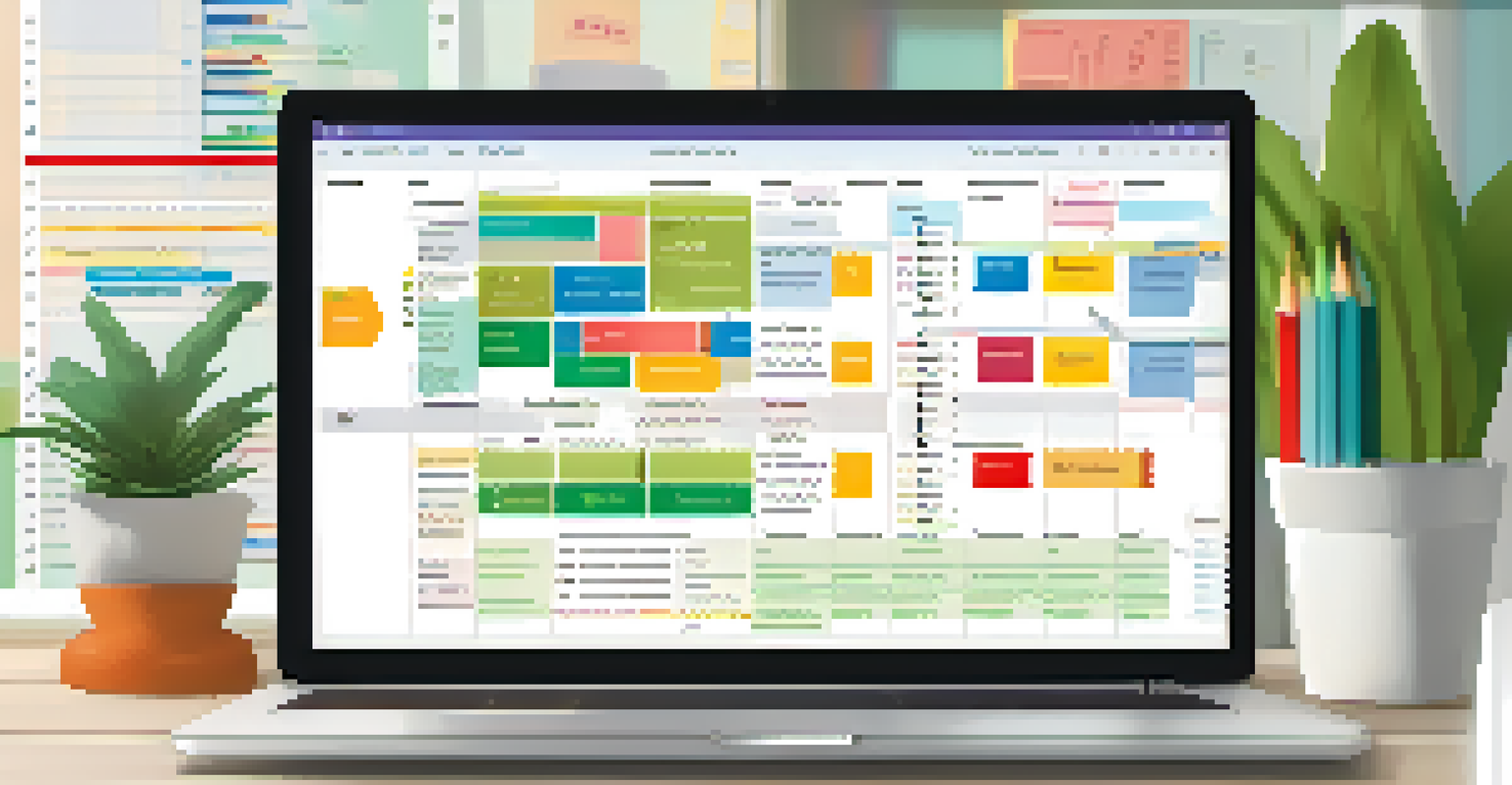 A laptop screen displaying a colorful family health history chart, with a well-organized workspace in the background.