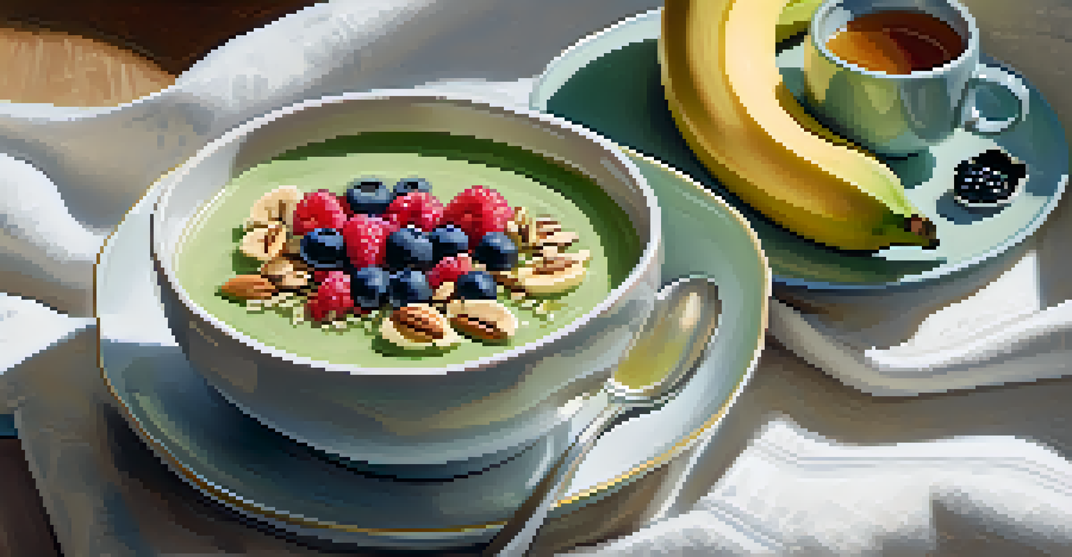 A smoothie bowl decorated with fresh fruits and nuts, accompanied by a cup of green tea on a white tablecloth.