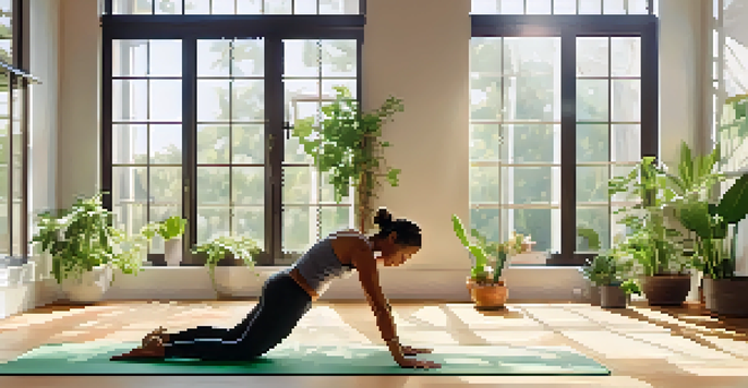 A person practicing Downward Facing Dog pose in a bright yoga studio with wooden floors and natural light.