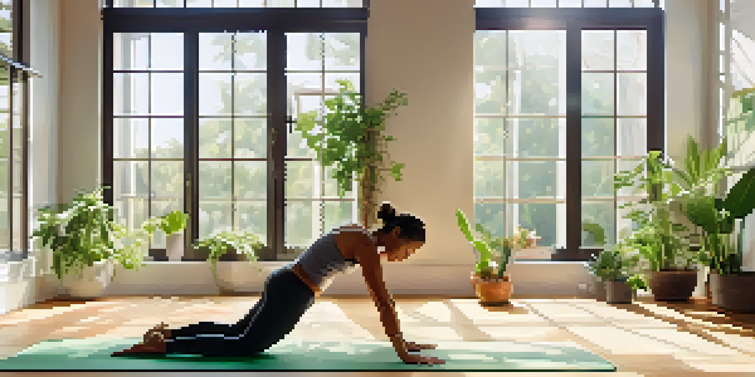 A person practicing Downward Facing Dog pose in a bright yoga studio with wooden floors and natural light.