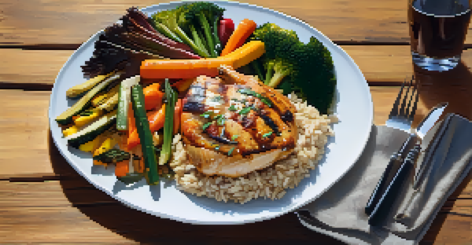 A close-up of a balanced meal with grilled chicken, brown rice, and colorful steamed vegetables on a wooden table.
