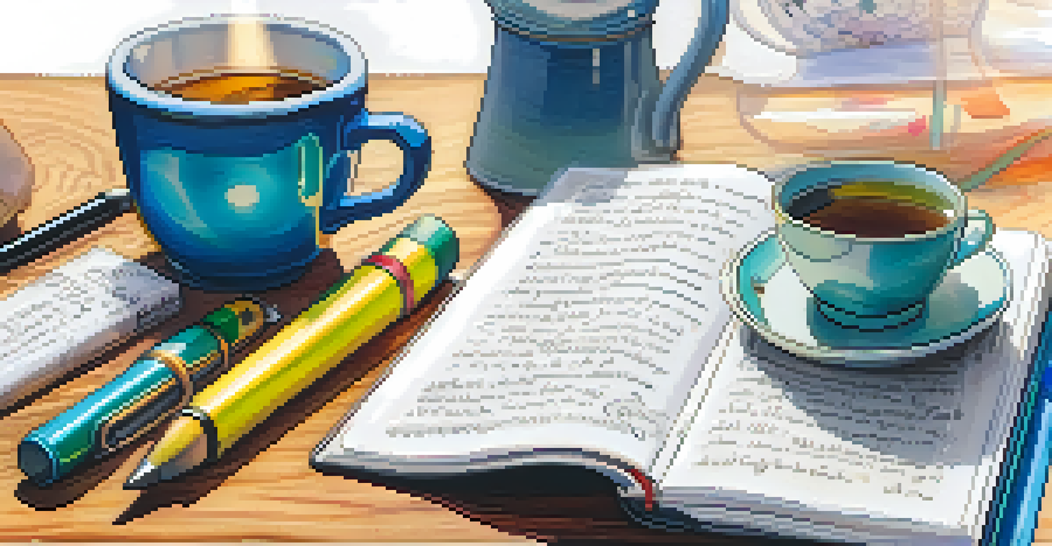 A close-up of an open journal with handwritten notes and doodles, accompanied by colorful markers and a cup of tea.
