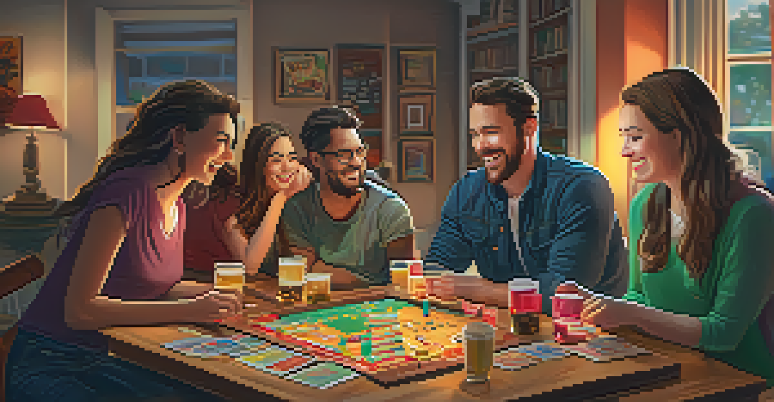 A cozy indoor scene of friends laughing and playing board games during a game night, with snacks and warm lighting.