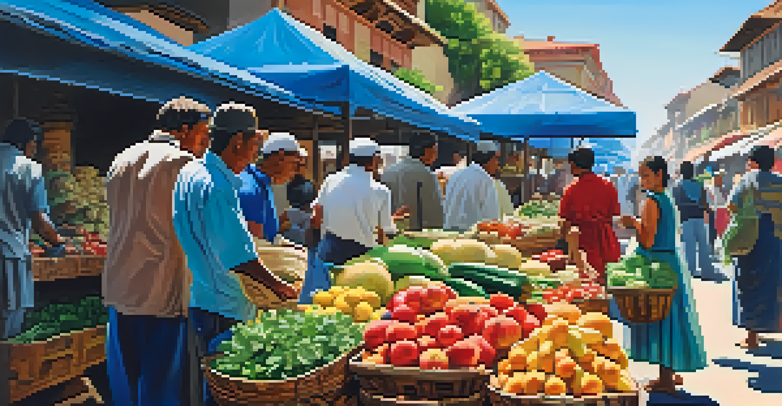 A bustling local market with colorful stalls and a traveler selecting fresh produce while talking to a vendor, under a bright blue sky.