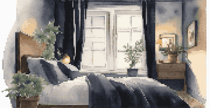 A cozy bedroom with a bed, blackout curtains, and soft lighting, creating a peaceful sleep environment.