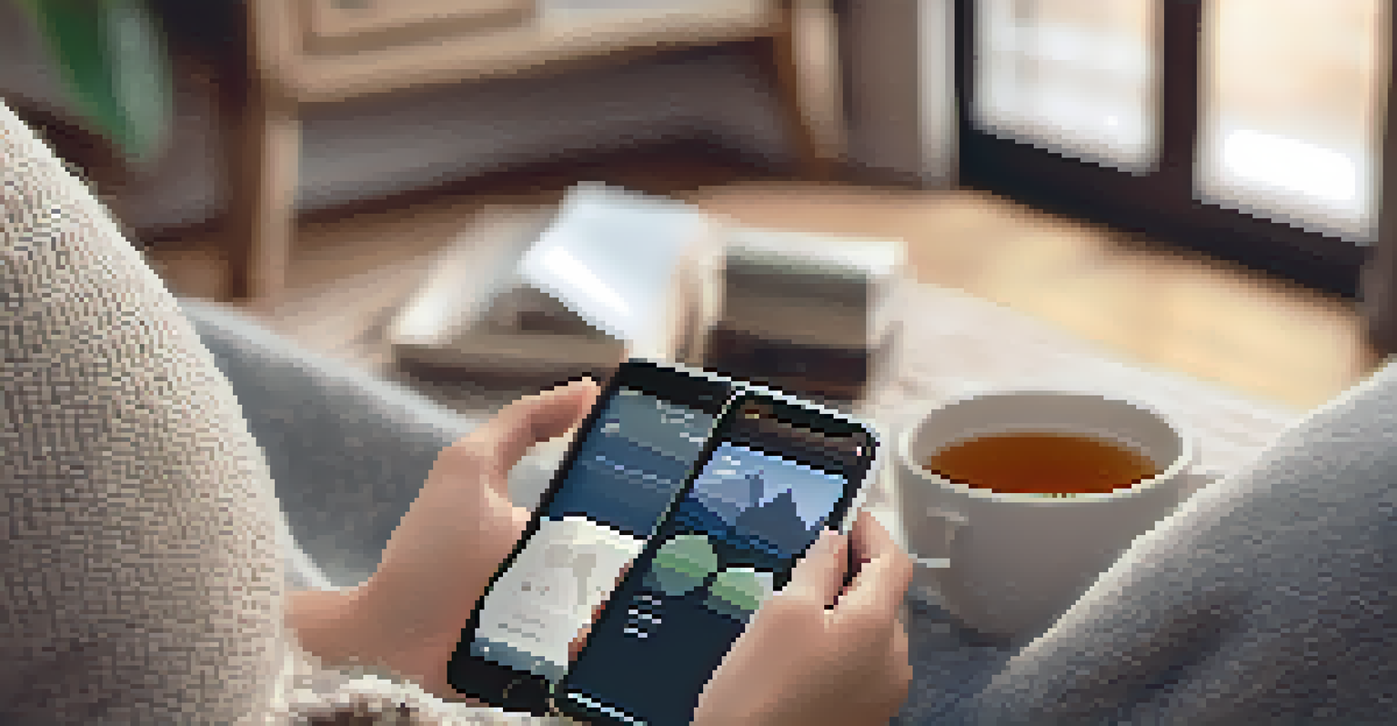 Close-up of hands on a lap with a smartphone displaying a breathing exercise app, in a cozy living room with a cup of tea.