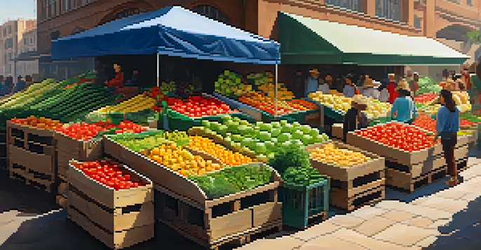 A busy fruit and vegetable market filled with colorful produce and people, illuminated by sunlight.