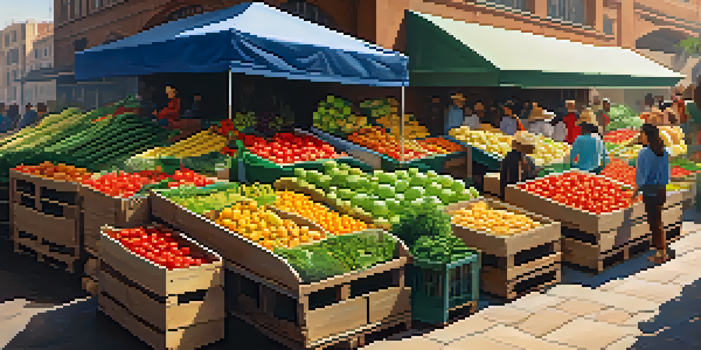 A busy fruit and vegetable market filled with colorful produce and people, illuminated by sunlight.