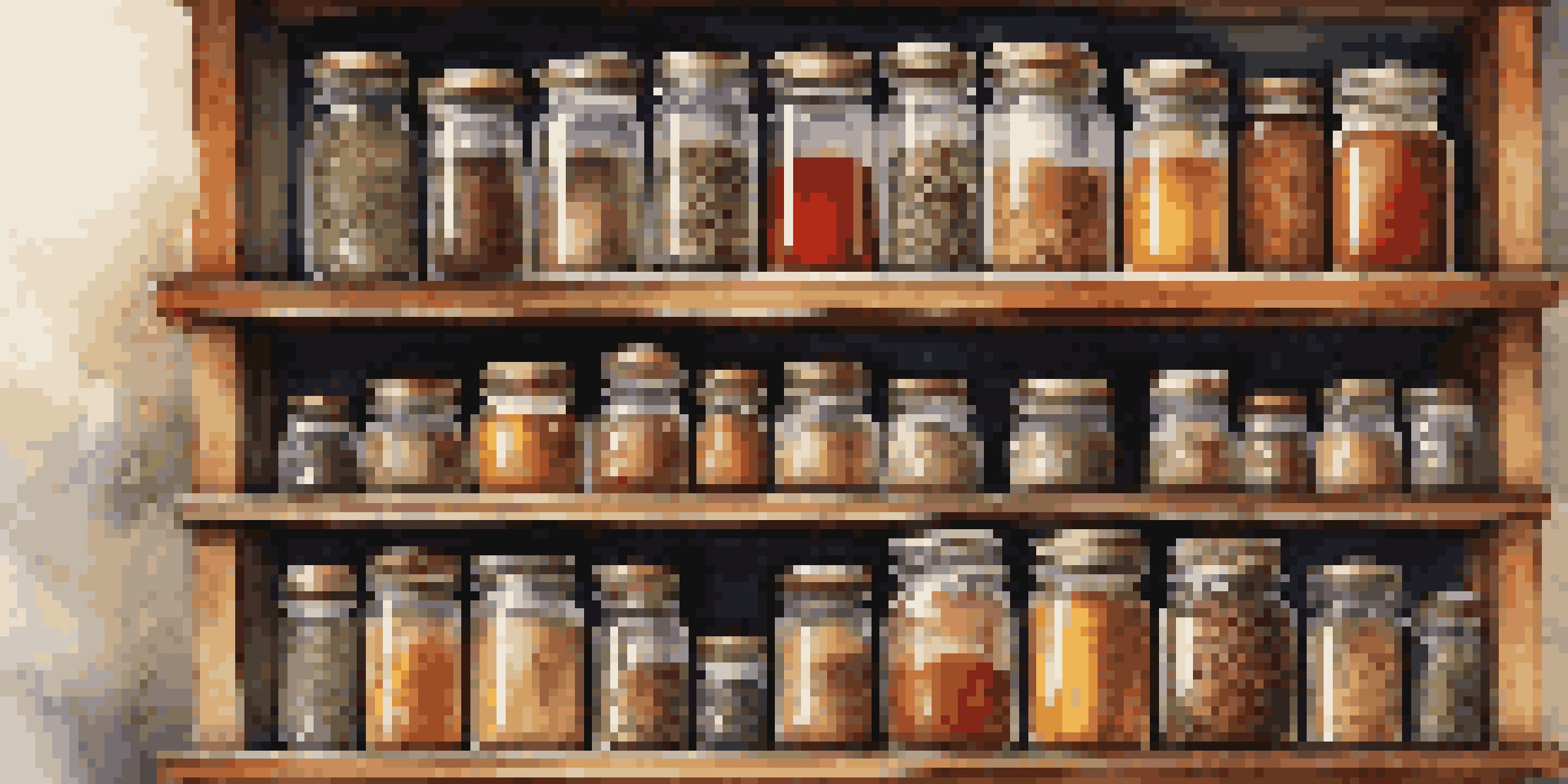 A wooden spice rack filled with colorful glass jars of whole spices, set against a blurred kitchen background.