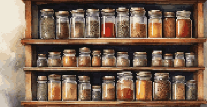 A wooden spice rack filled with colorful glass jars of whole spices, set against a blurred kitchen background.