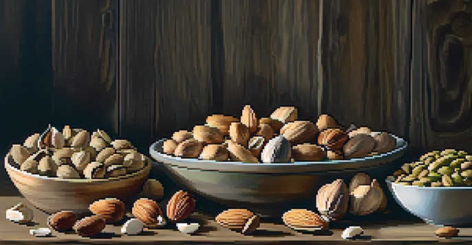 A display of assorted tree nuts, including almonds, walnuts, cashews, and pistachios, on a wooden table with natural lighting.