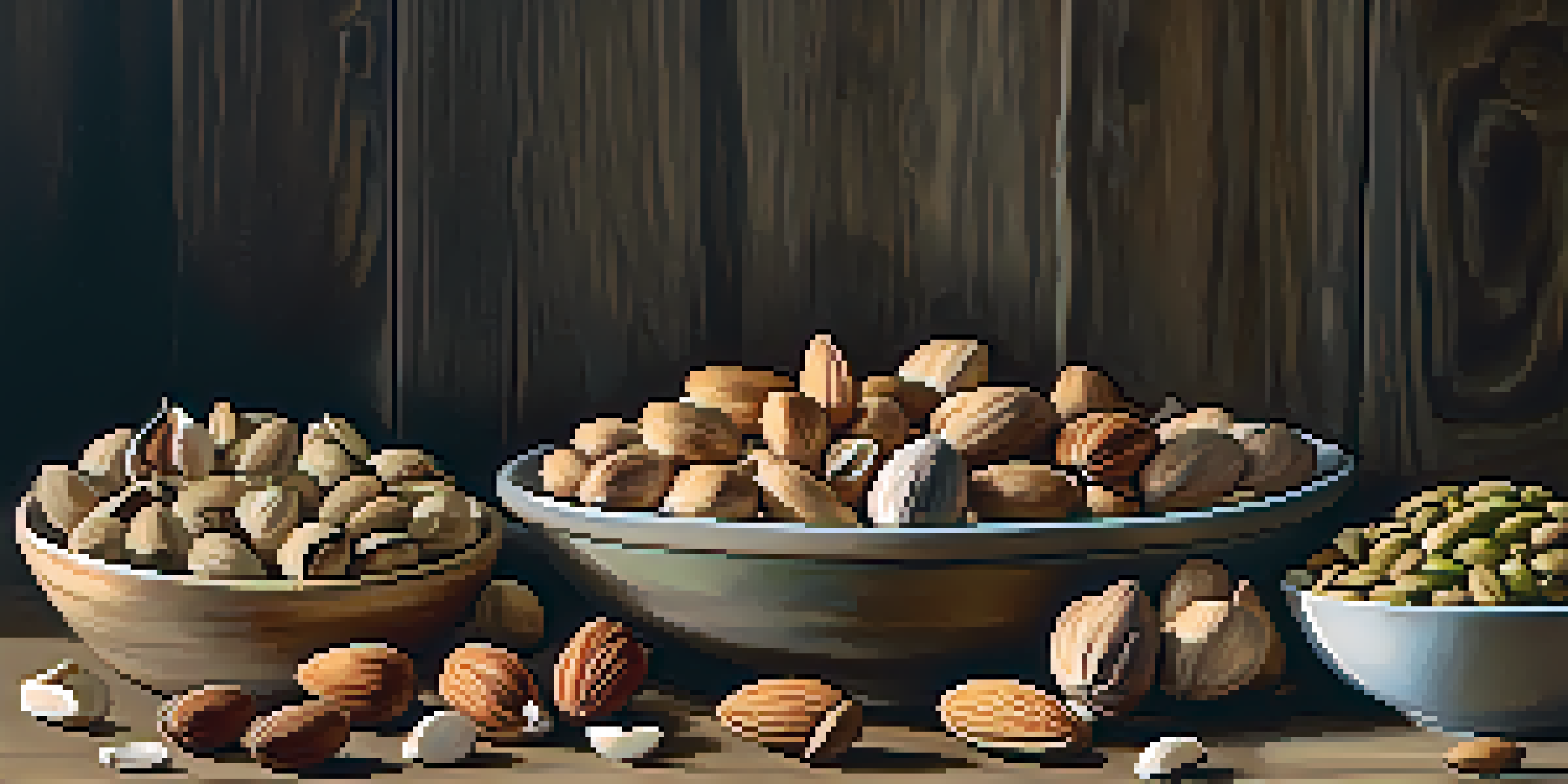 A display of assorted tree nuts, including almonds, walnuts, cashews, and pistachios, on a wooden table with natural lighting.