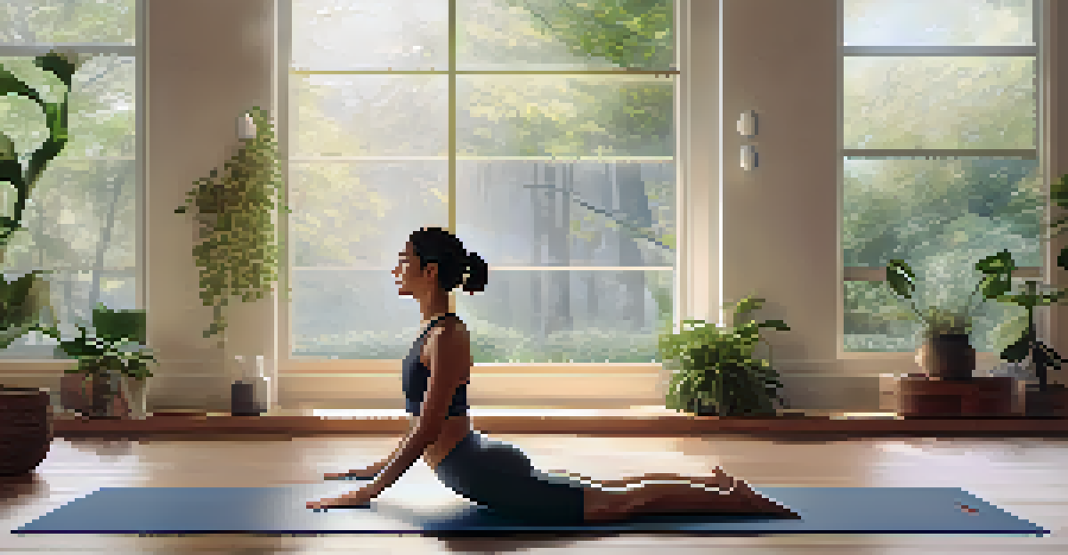 A cozy yoga studio with mats and soft light, featuring a person practicing yoga in a peaceful pose.