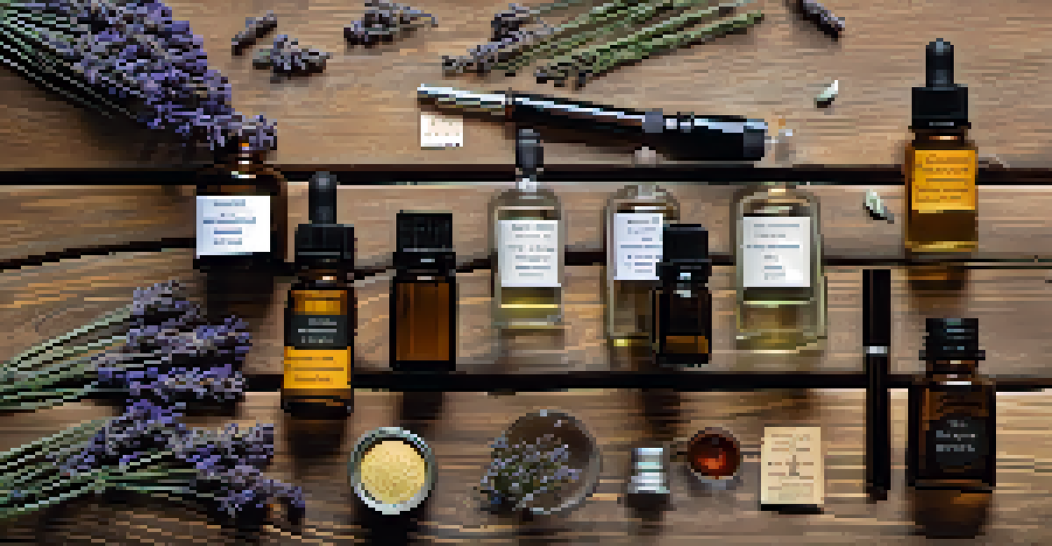 An overhead view of essential oils, dried lavender, and a notebook on a rustic wooden surface.