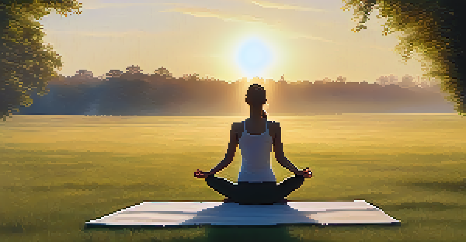 A person doing yoga in a grassy field at sunrise, representing the mind-gut connection.