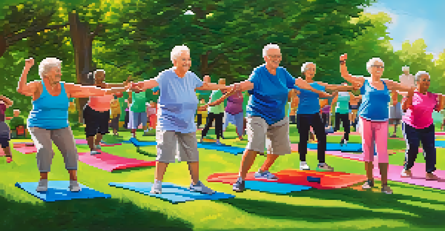 Seniors participating in an outdoor fitness class, stretching and exercising under a clear blue sky.
