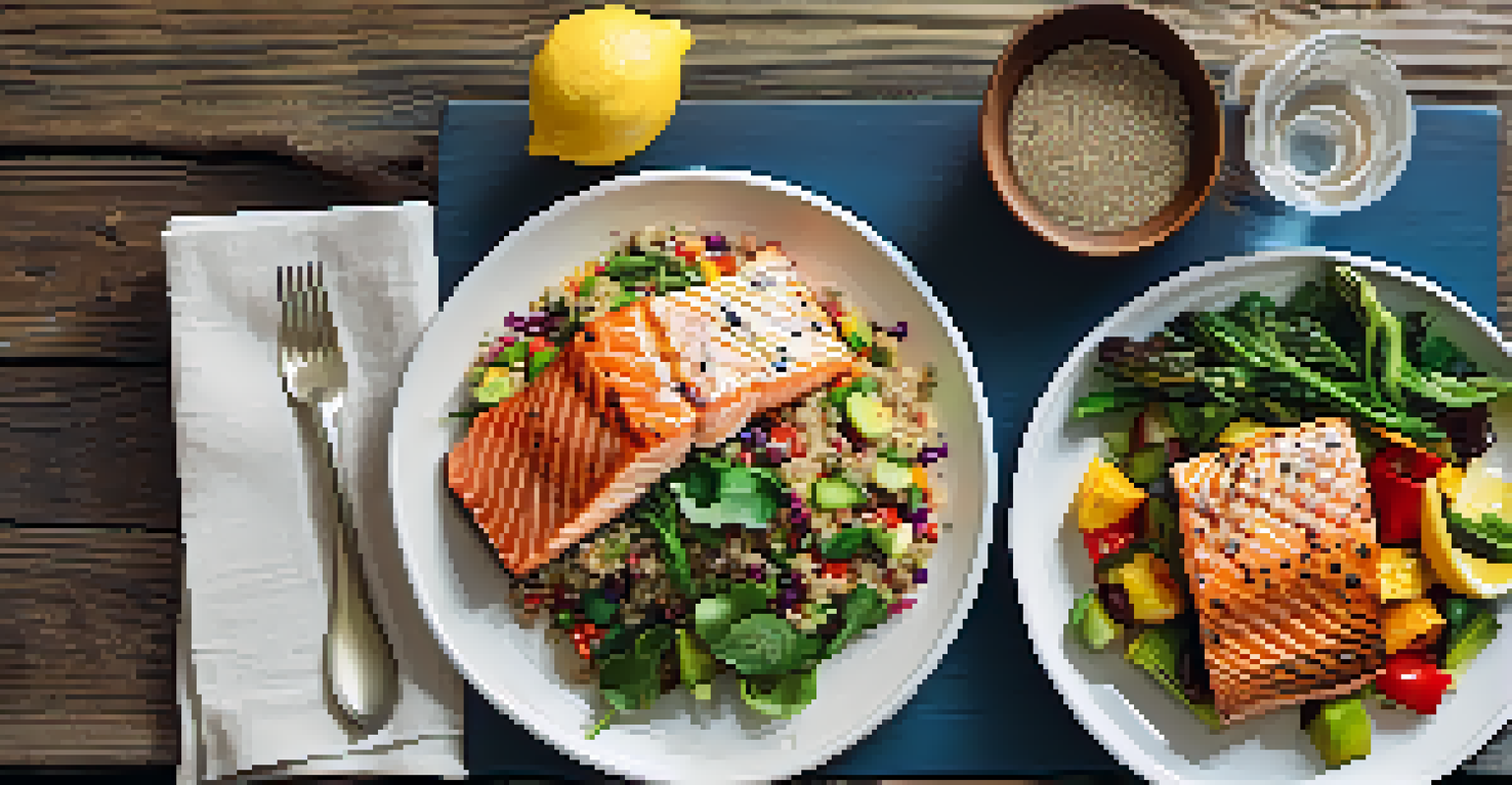 A balanced meal on a plate with salmon, quinoa salad, and vegetables, accompanied by a glass of infused water.