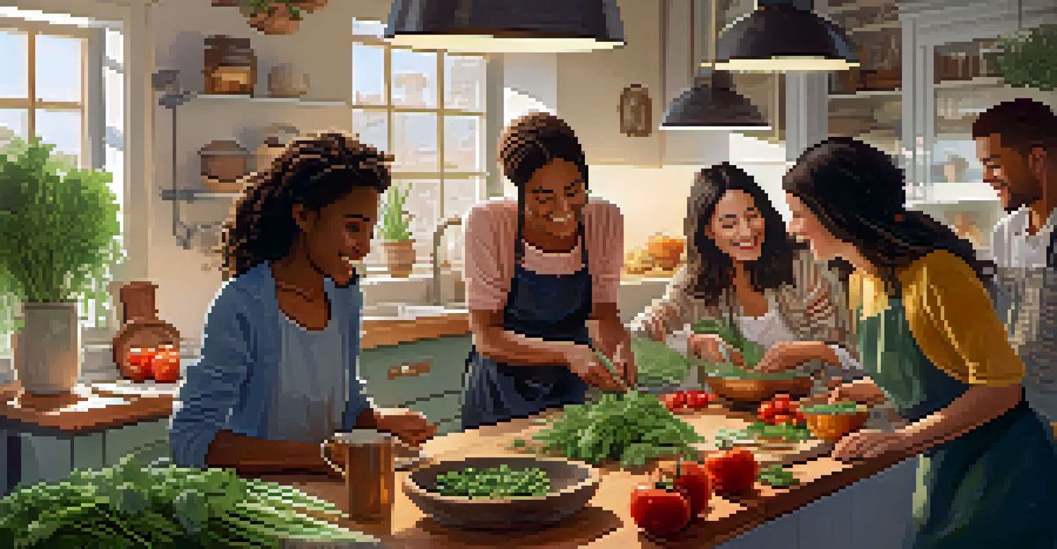Friends cooking together in a kitchen filled with fresh ingredients and warm light, sharing a joyful moment.