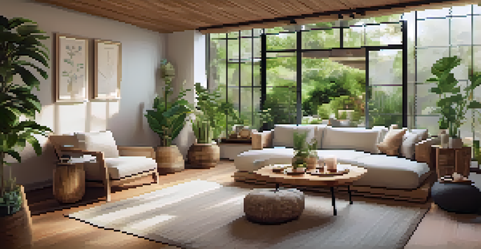 A cozy lounge area in a wellness retreat, with comfortable seating and a view of a tranquil garden, featuring plants and a welcome kit.