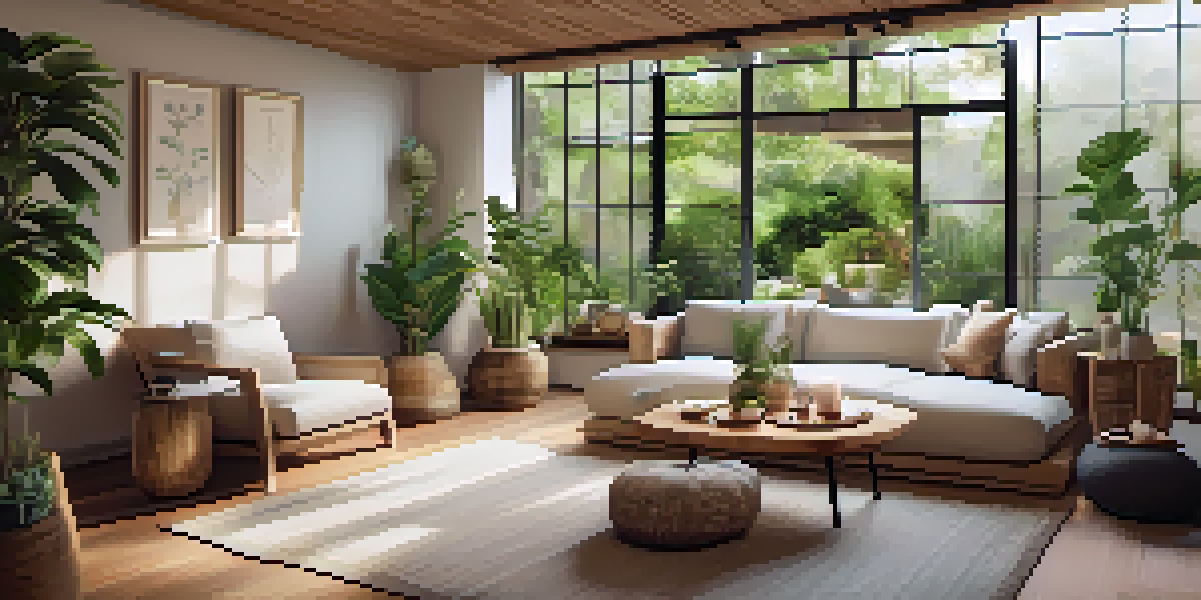 A cozy lounge area in a wellness retreat, with comfortable seating and a view of a tranquil garden, featuring plants and a welcome kit.