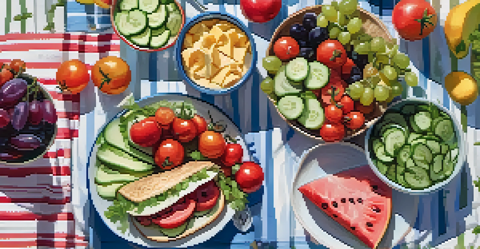An overhead shot of a picnic spread on a blanket featuring a salad, whole grain wraps, and assorted fruits in a sunny park.