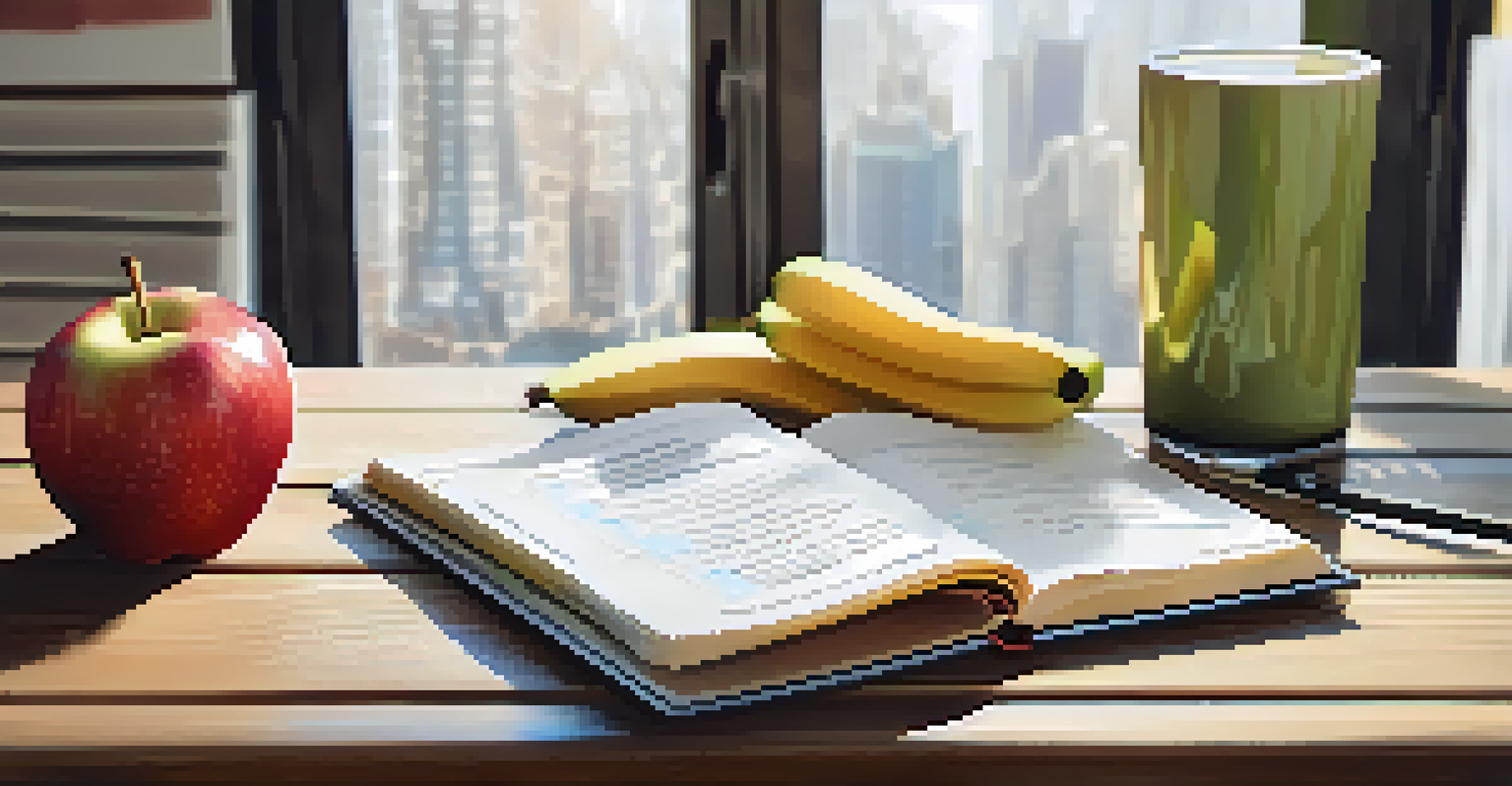 A close-up of an open fitness journal with SMART goals and progress charts, alongside a glass of water and a healthy snack on a wooden table.