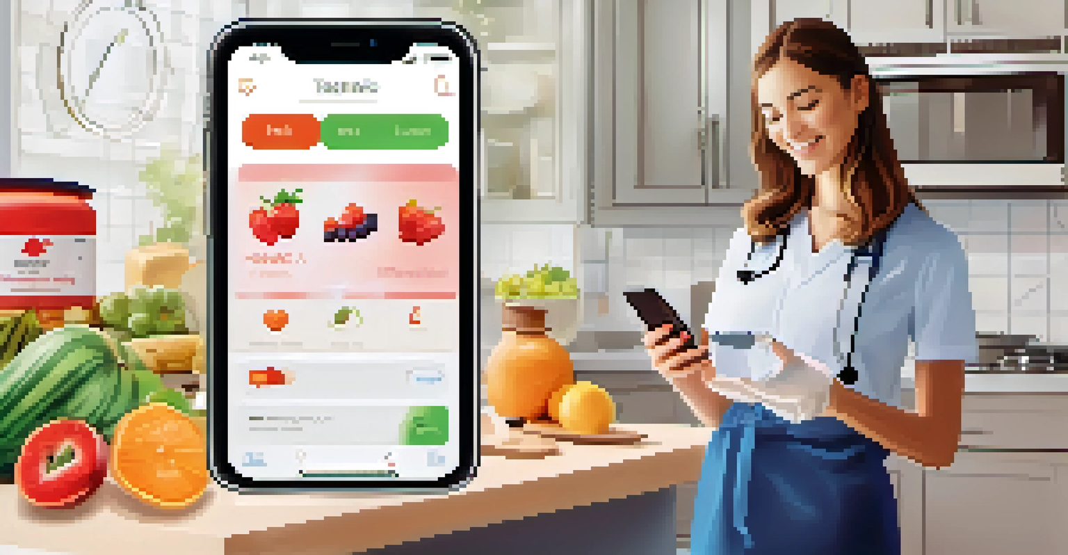 A patient examining health metrics on a smartphone in a bright kitchen filled with healthy foods.