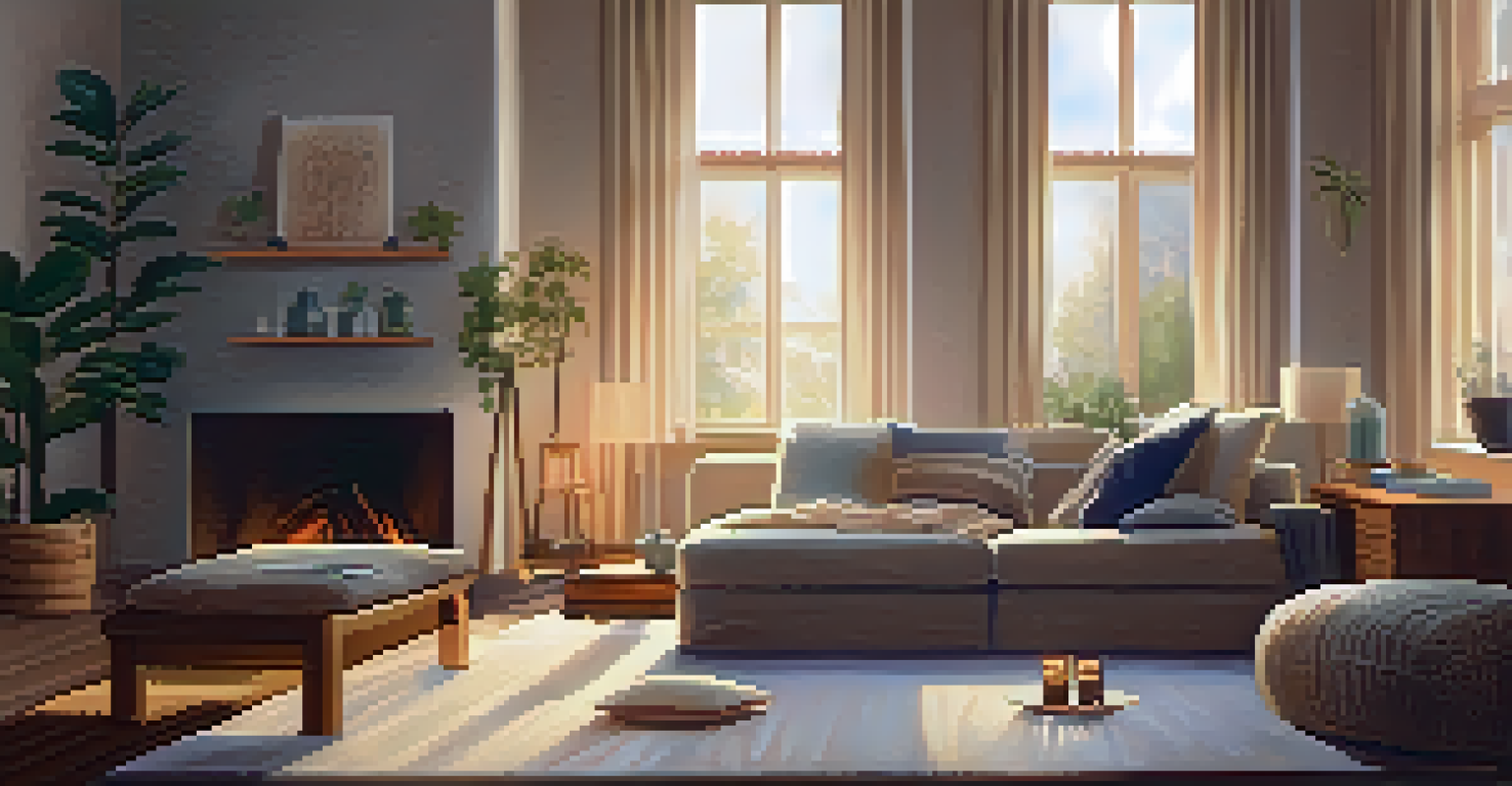 A person practicing mindfulness in a cozy living room, sitting cross-legged on a rug with pillows and a blanket around them.