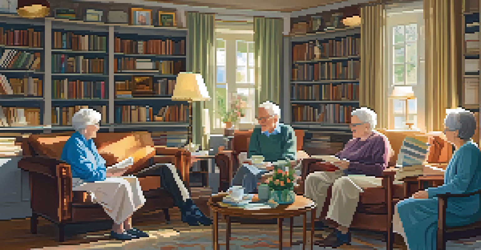 A group of older adults enjoying a cheerful conversation in a cozy living room, with sunlight streaming in.
